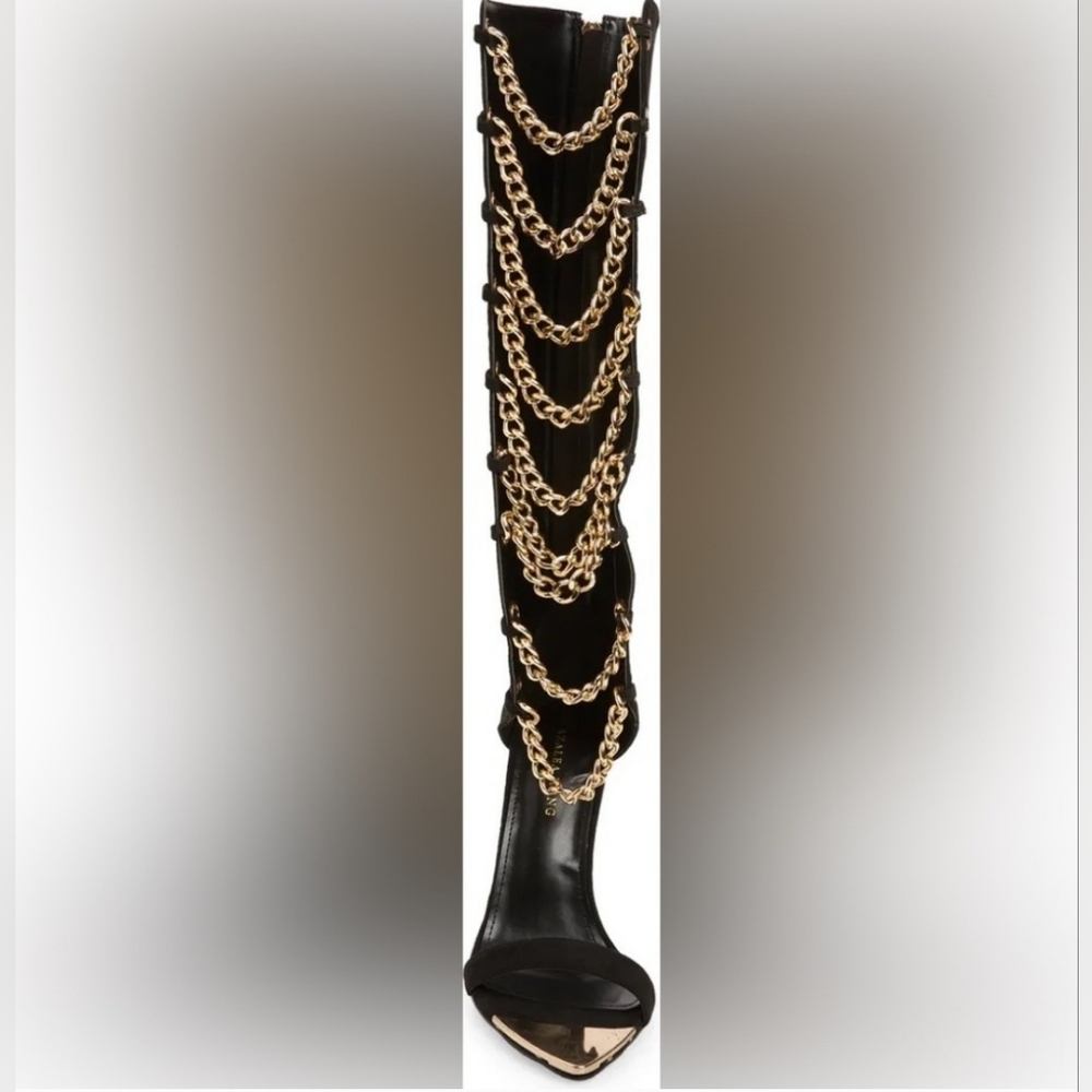 ARAGON BLACK CHAINED KNEE HIGH HEEL - Picture 2 of 6